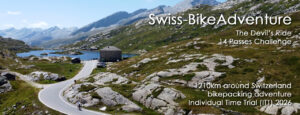Banner for Swiss-BikeAdventure showing a winding mountain road by a lake with a stone house, overlaid with 'The Devil’s Ride', '14 Passes Challenge' and '1210km around Switzerland bikepacking adventure ITT 2026'.
