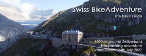Alpine valley with a hillside hotel and winding road; overlay text shows 'Swiss-BikeAdventure' and 'The Devil's Ride' with '1300km around Switzerland bikepacking' and 'Grand Depart 24 July 2027'.